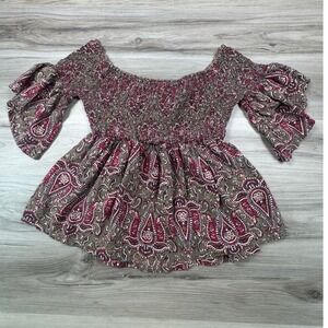 Hollister Womens Smocked Off the Shoulder Paisley Peplum Top Olive Burgundy L